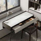 White Stone Rectangle Black Steel Base Writing Desk Image - 3