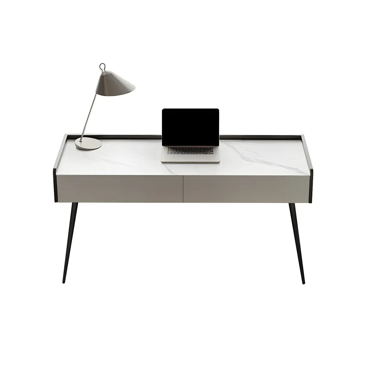 White Stone Rectangle Black Steel Base Writing Desk Image - 5