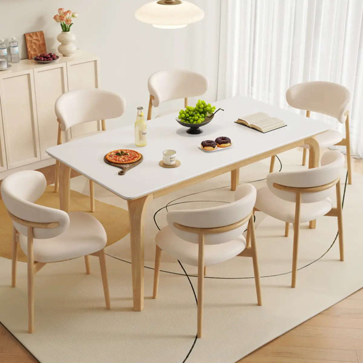 White Stone Rectangle Dining Table Set with 6 Chairs Image - 1