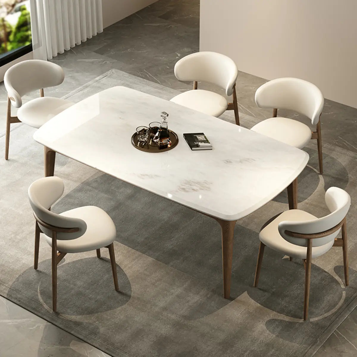 White Stone Rectangle Dining Table Set with Chairs Image - 4