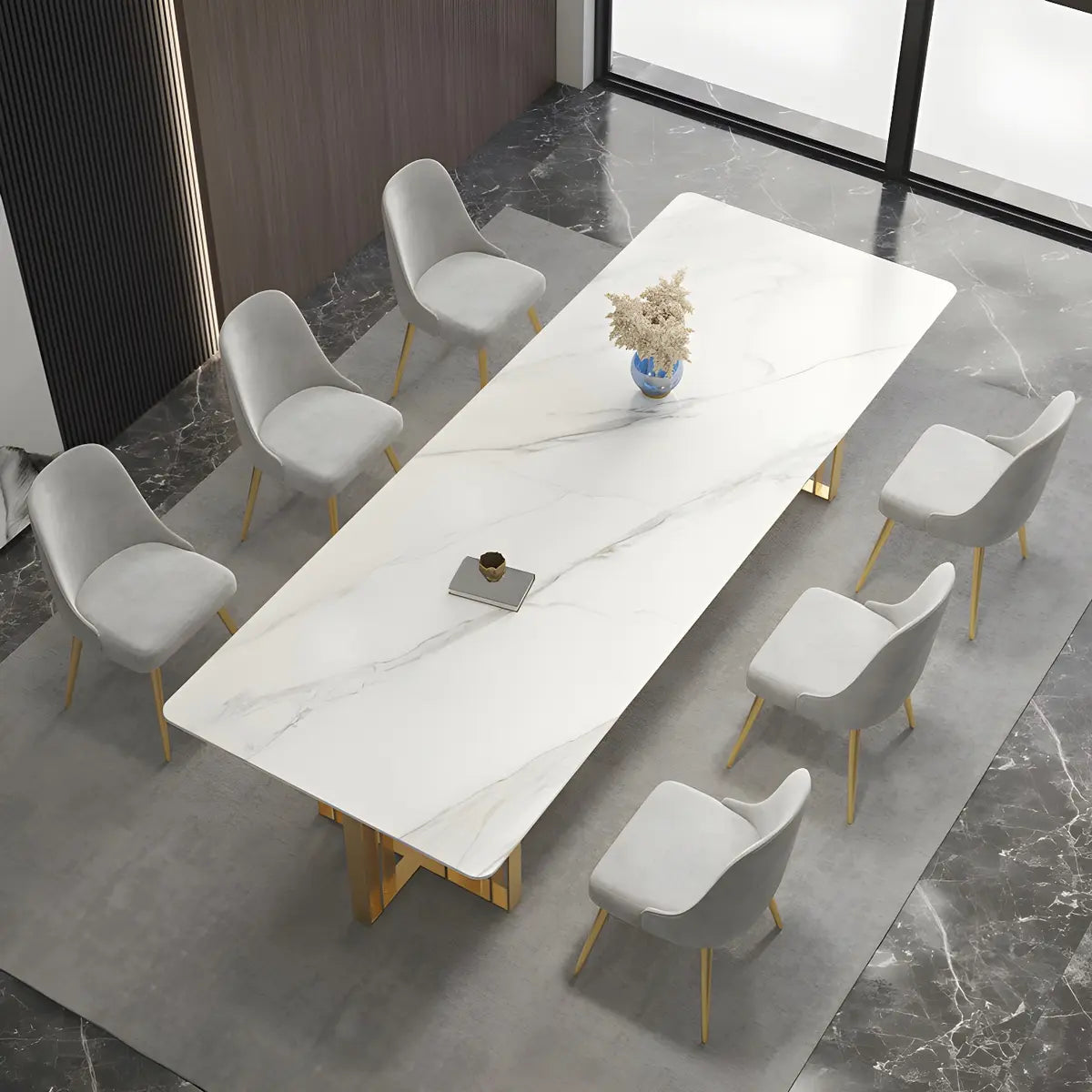 White Stone Rectangle Gold Sled Conference Desk for Six Image - 1