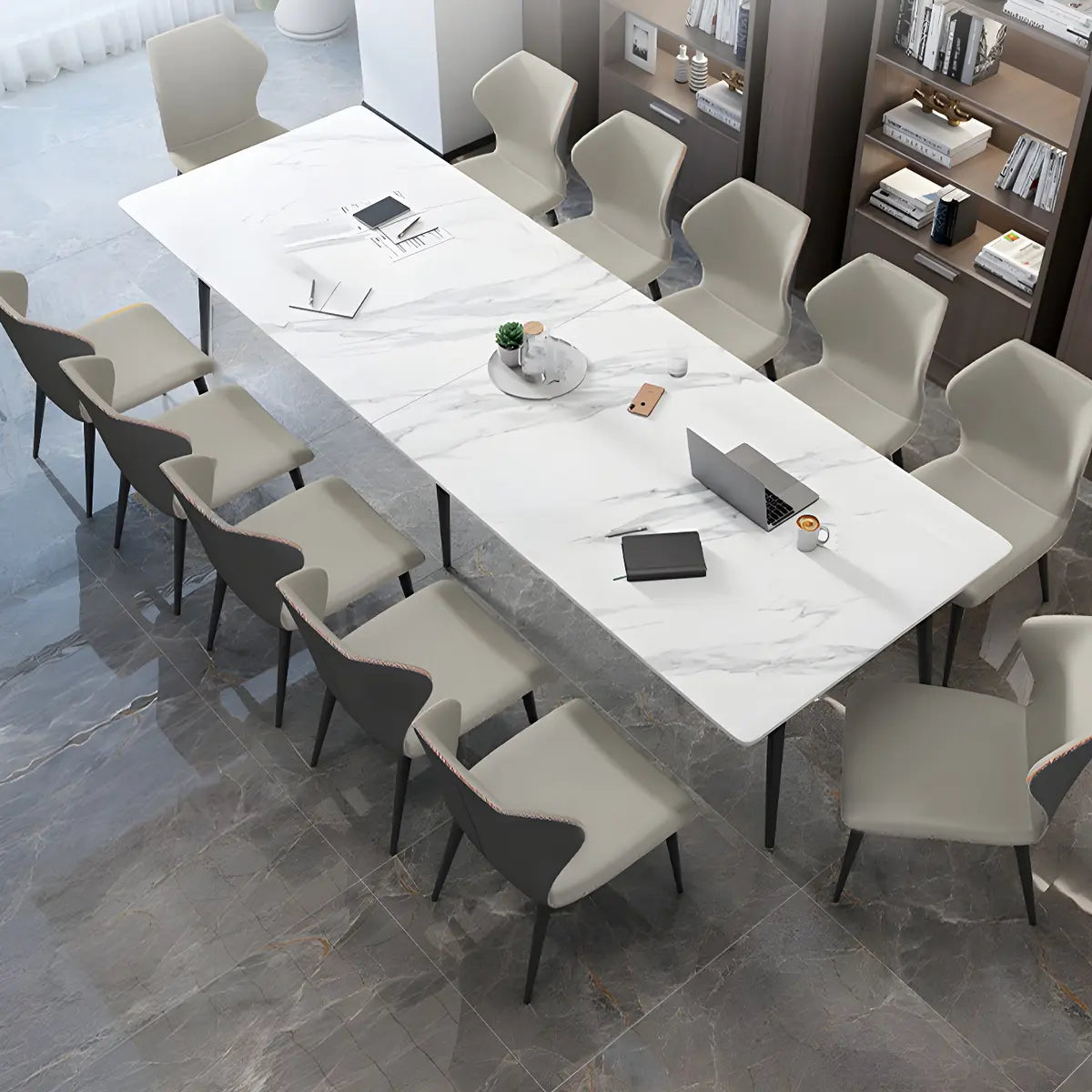 White Stone Rectangle Long Conference Desk 12 People Image - 3