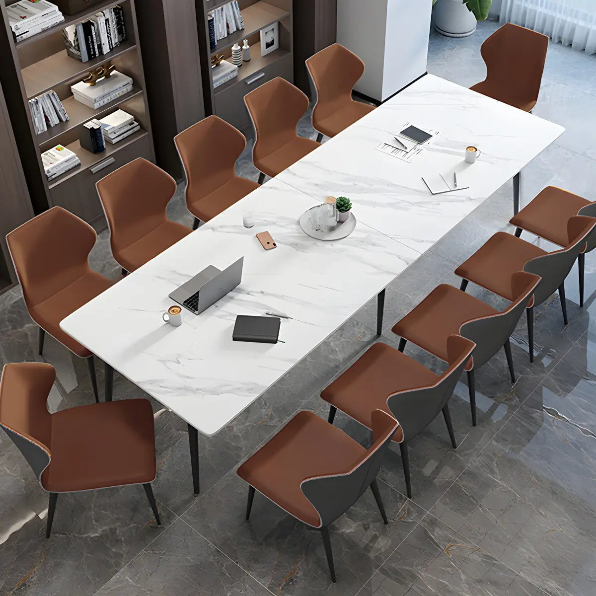 White Stone Rectangle Long Conference Desk 12 People Image - 4