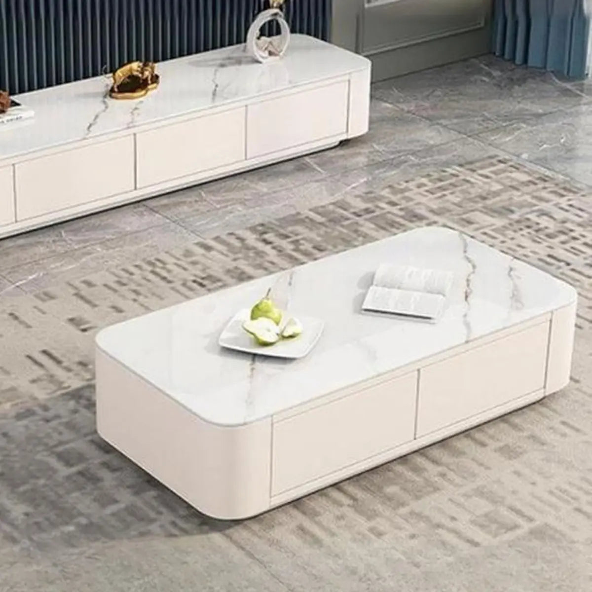 White Stone Rectangular Drawers Block Base Coffee Table Image - 1