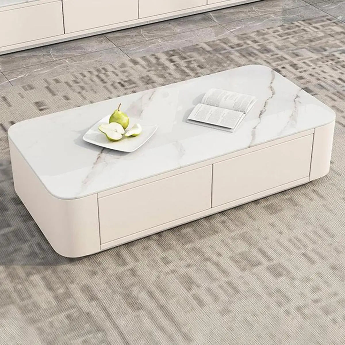 White Stone Rectangular Drawers Block Base Coffee Table Image - 5