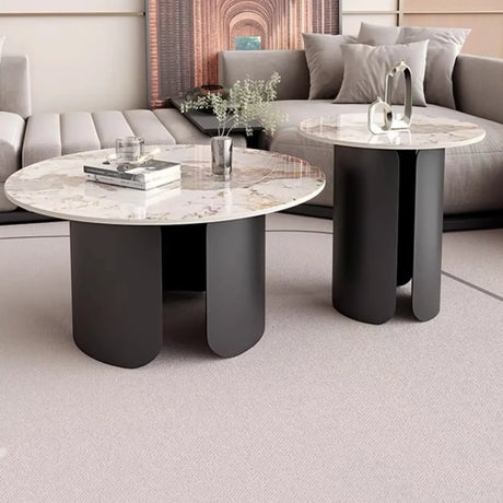 White Stone Round Black Iron Base Bunching Tables Image - 1