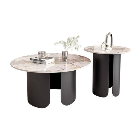 White Stone Round Black Iron Base Bunching Tables Image - 2