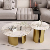 White Stone Round Black Iron Base Bunching Tables Image - 4