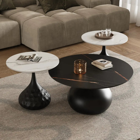 White Stone Round Metal Base Nesting Coffee Tables Image - 1