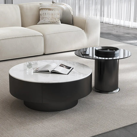 White Stone Round Nesting Coffee Tables with Storage Image - 1