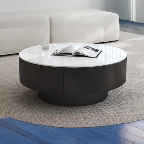 White Stone Round Nesting Coffee Tables with Storage Image - 2