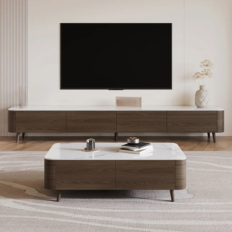 White Stone Top Drawers TV Stand with Cable Management Image - 1