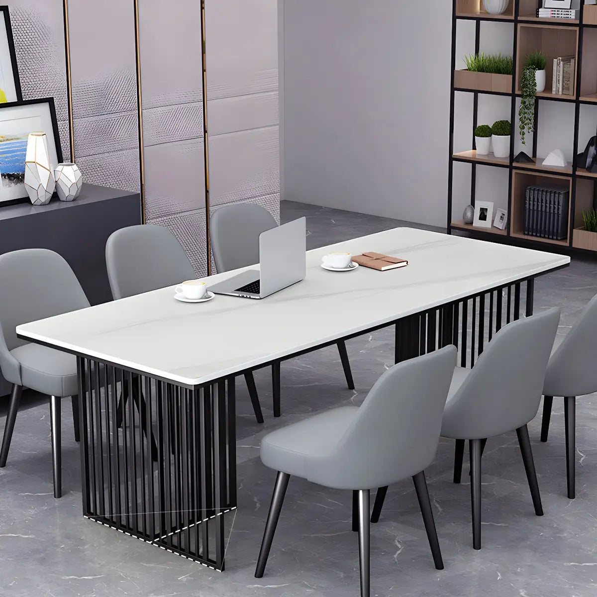 White Stone Top Steel Sled Conference Table 6-Person Image - 3