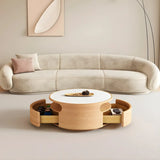 White Stone Tray Top Round Coffee Table with Storage Image - 10