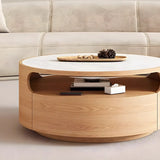 White Stone Tray Top Round Coffee Table with Storage Image - 8