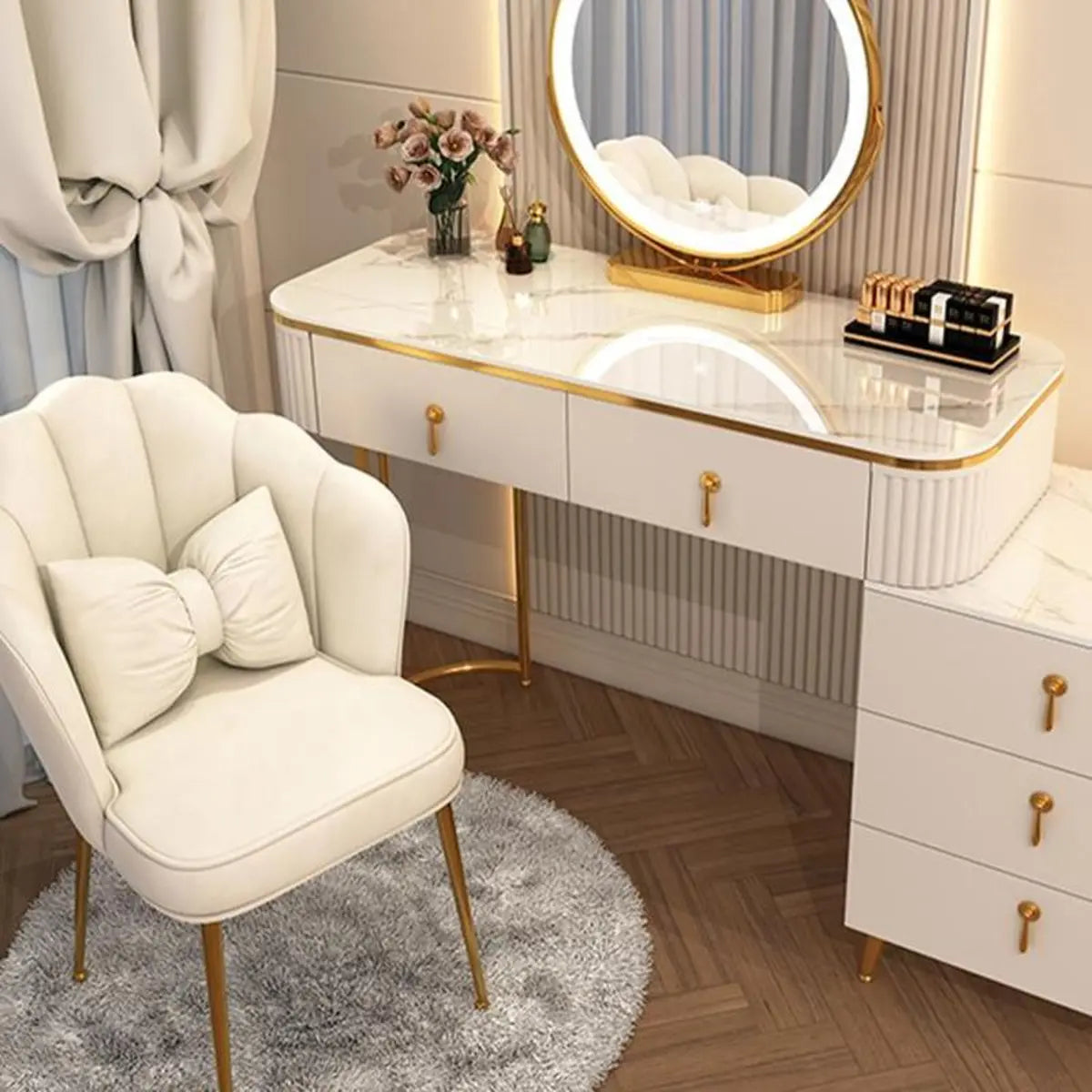 White Stone Wood Makeup Vanity with Drawers and Mirror Image - 1