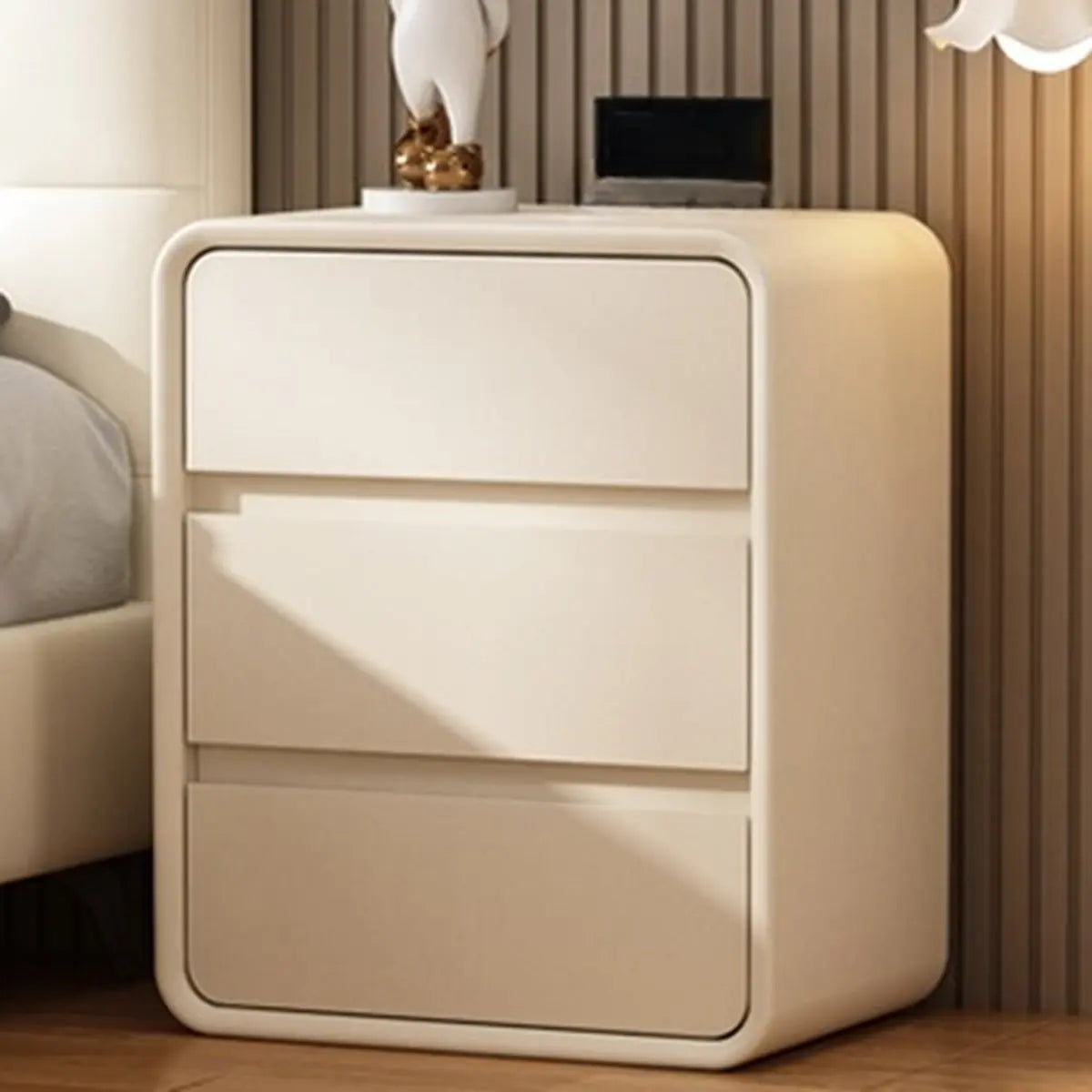 White Storage 3-Drawer Pine Wood Square Leather Nightstand Image - 4