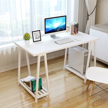 White Tableside Storage Shelf Trestle Computer Desk Image - 1