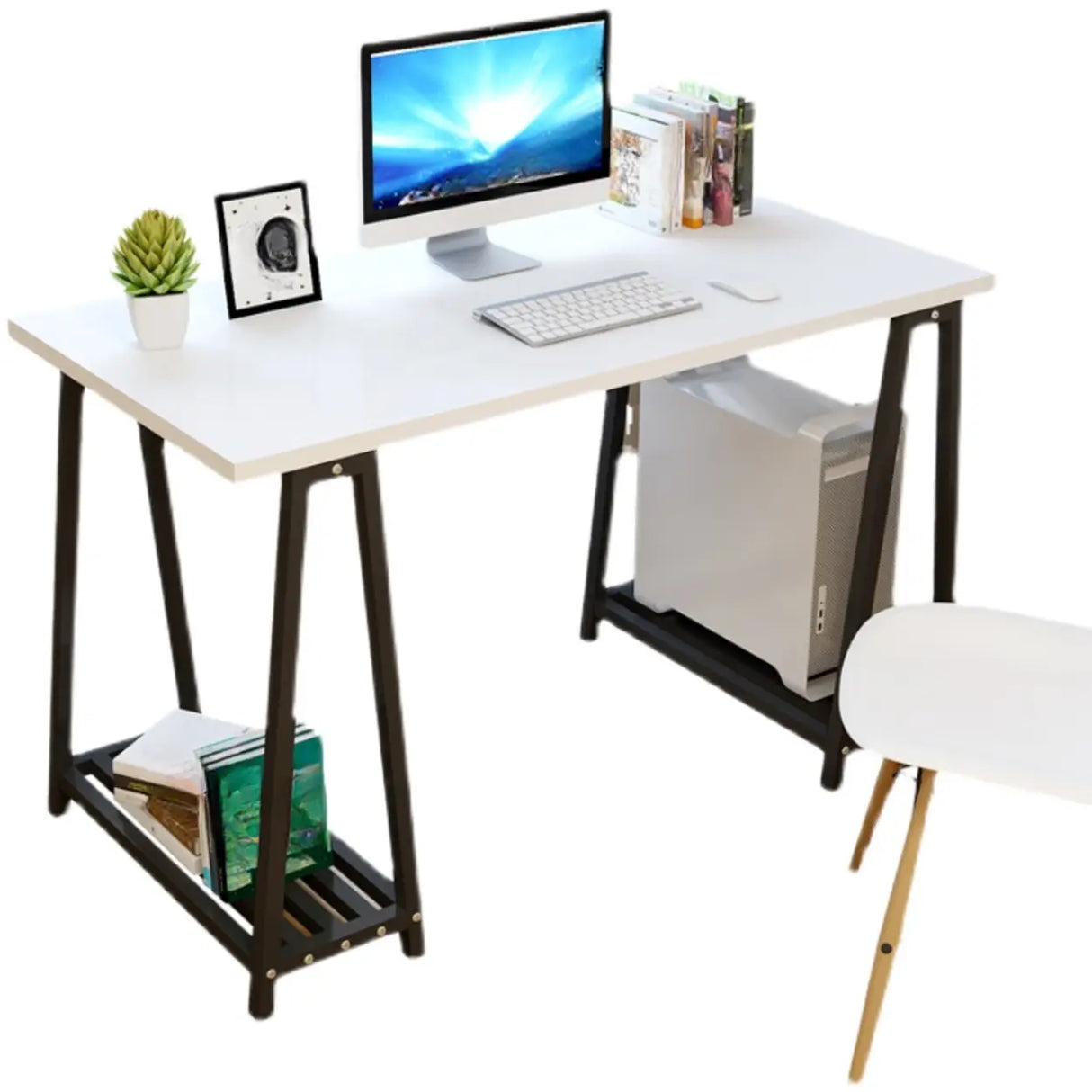 White Tableside Storage Shelf Trestle Computer Desk Image - 10