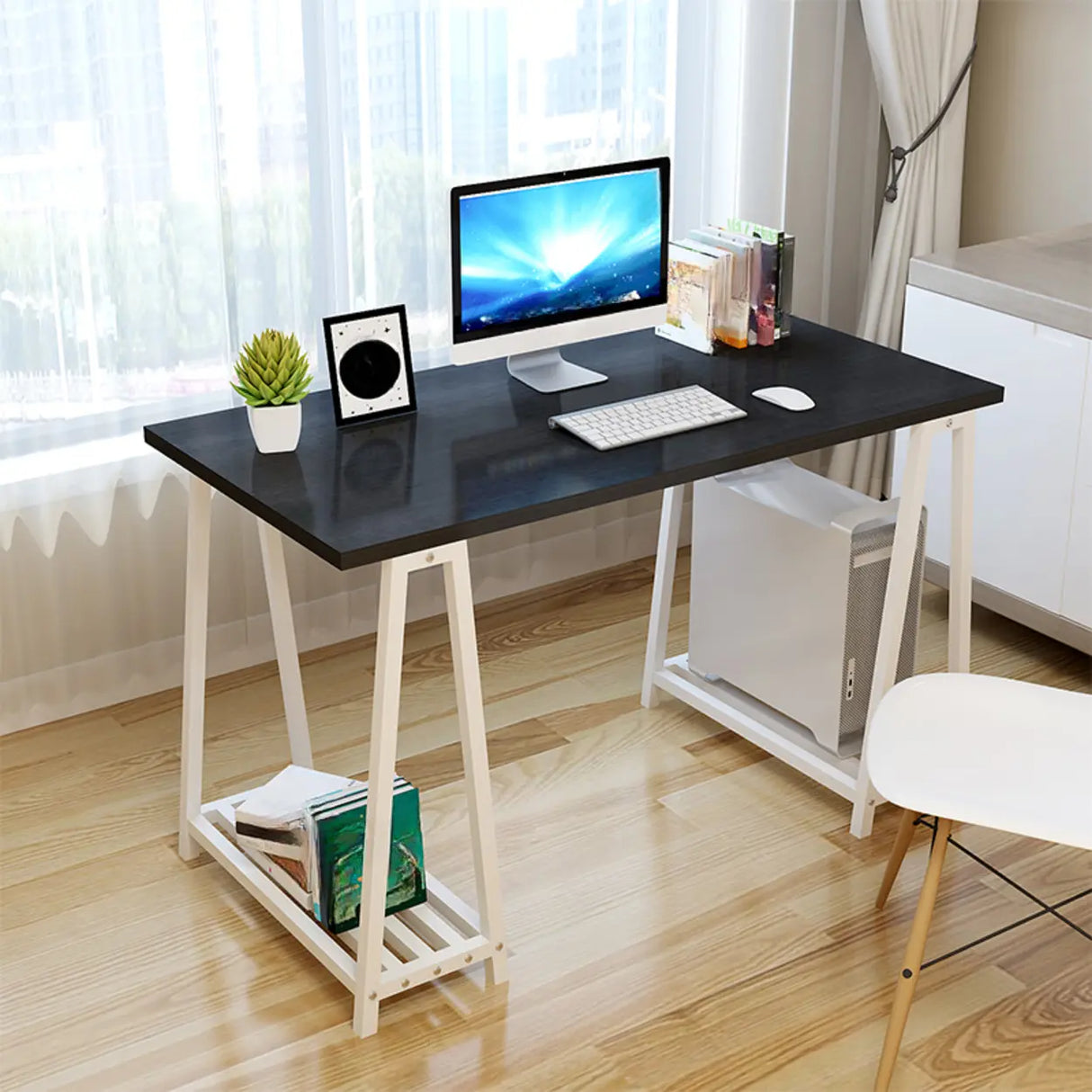 White Tableside Storage Shelf Trestle Computer Desk Image - 3