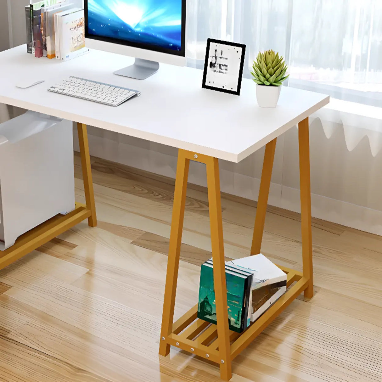 White Tableside Storage Shelf Trestle Computer Desk Image - 4