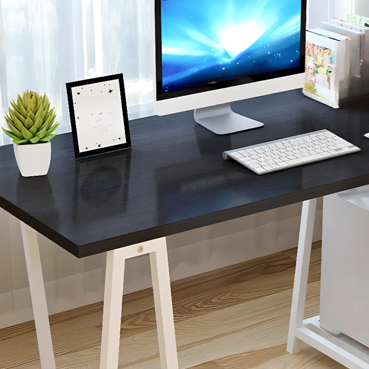 White Tableside Storage Shelf Trestle Computer Desk Image - 6