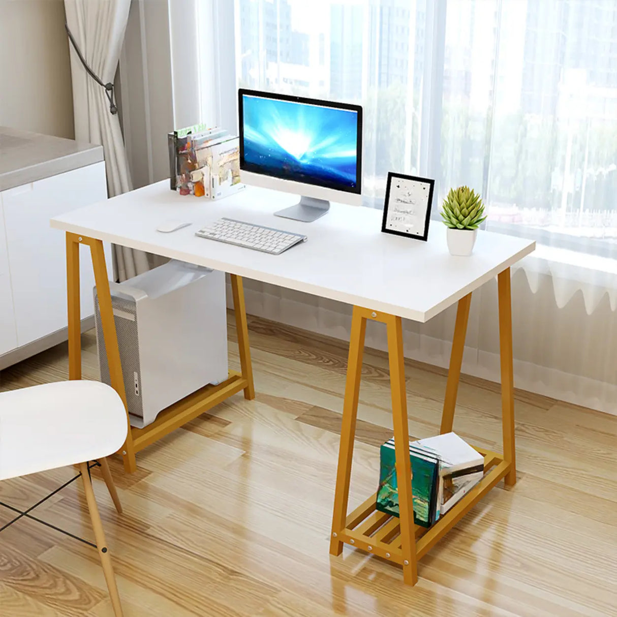 White Tableside Storage Shelf Trestle Computer Desk Image - 9