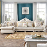 White Tech Cloth Carving Round Arm Tufted Sofa Chaise Image - 1