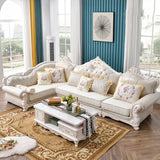 White Tech Cloth Carving Round Arm Tufted Sofa Chaise Image - 4