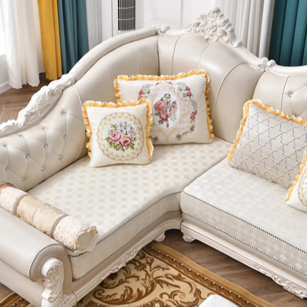 White Tech Cloth Carving Round Arm Tufted Sofa Chaise Image - 9