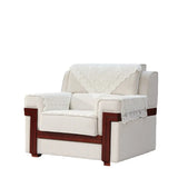 White Texture Fabric Brown Wood Frame Single Sofa Image - 3