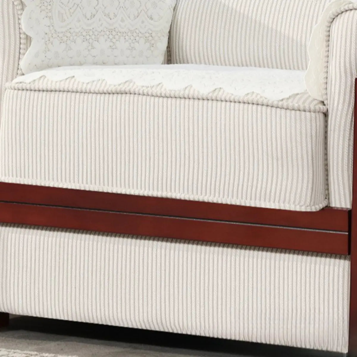 White Texture Fabric Brown Wood Frame Single Sofa Image - 5