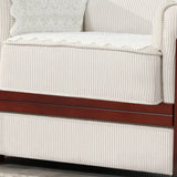 White Texture Fabric Brown Wood Frame Single Sofa Image - 5