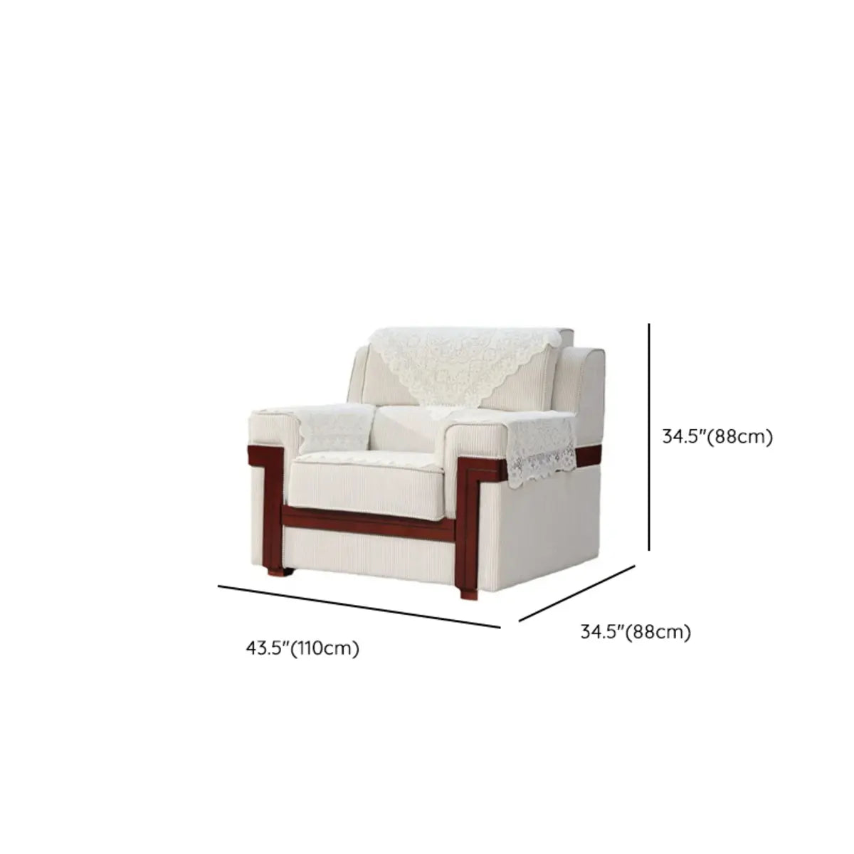 White Texture Fabric Brown Wood Frame Single Sofa 