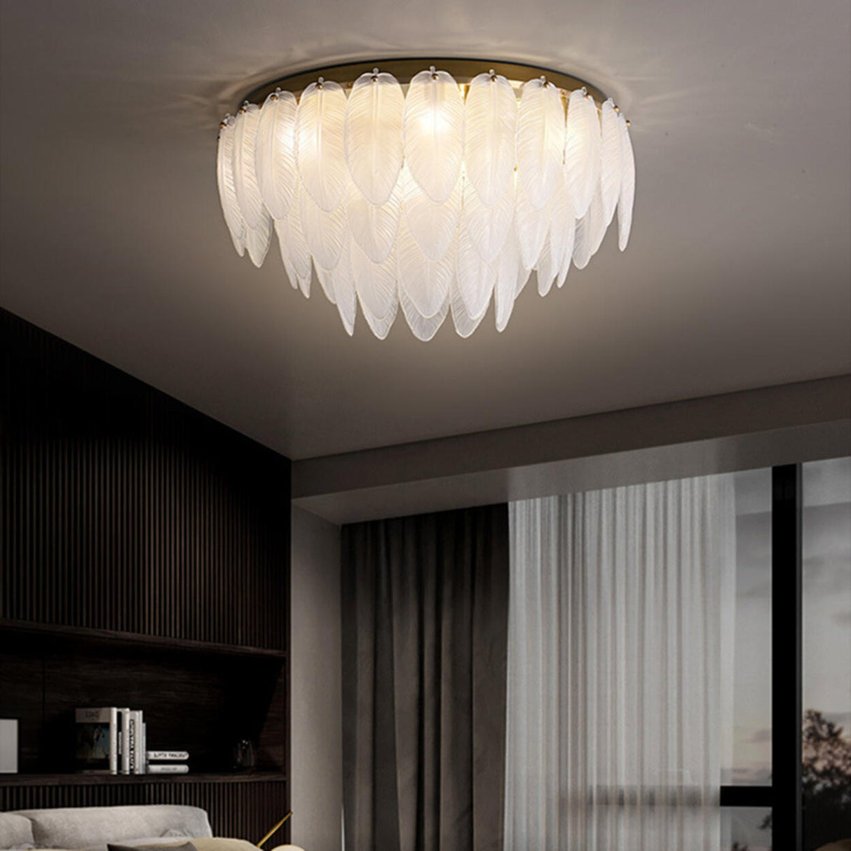 White Tiered Feather Glass Flush Mount Ceiling Light Image - 2