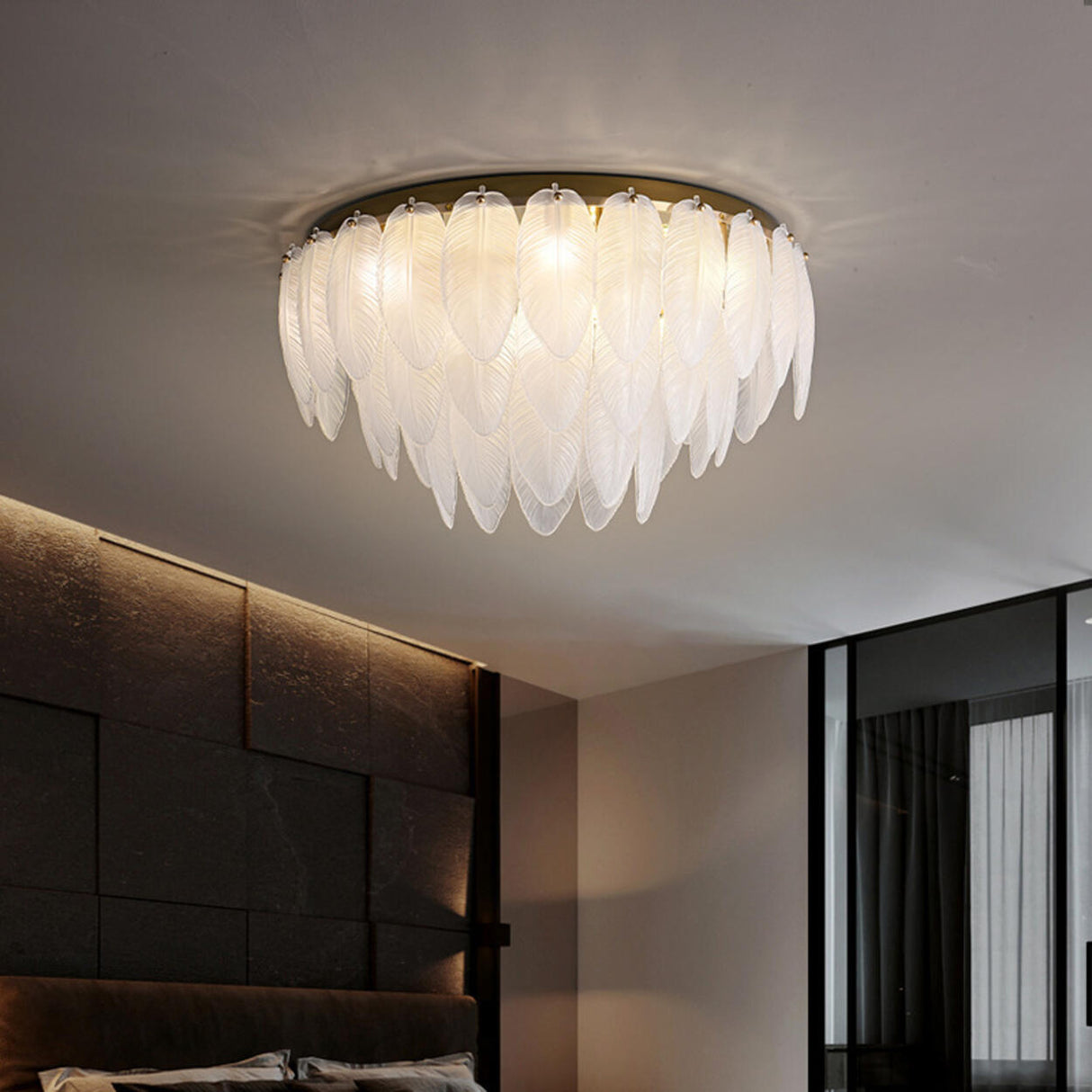 White Tiered Feather Glass Flush Mount Ceiling Light Image - 3