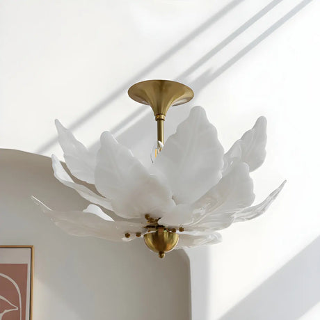 White Tiered Leaf Glass Semi-Flush Mount Ceiling Light Image - 1