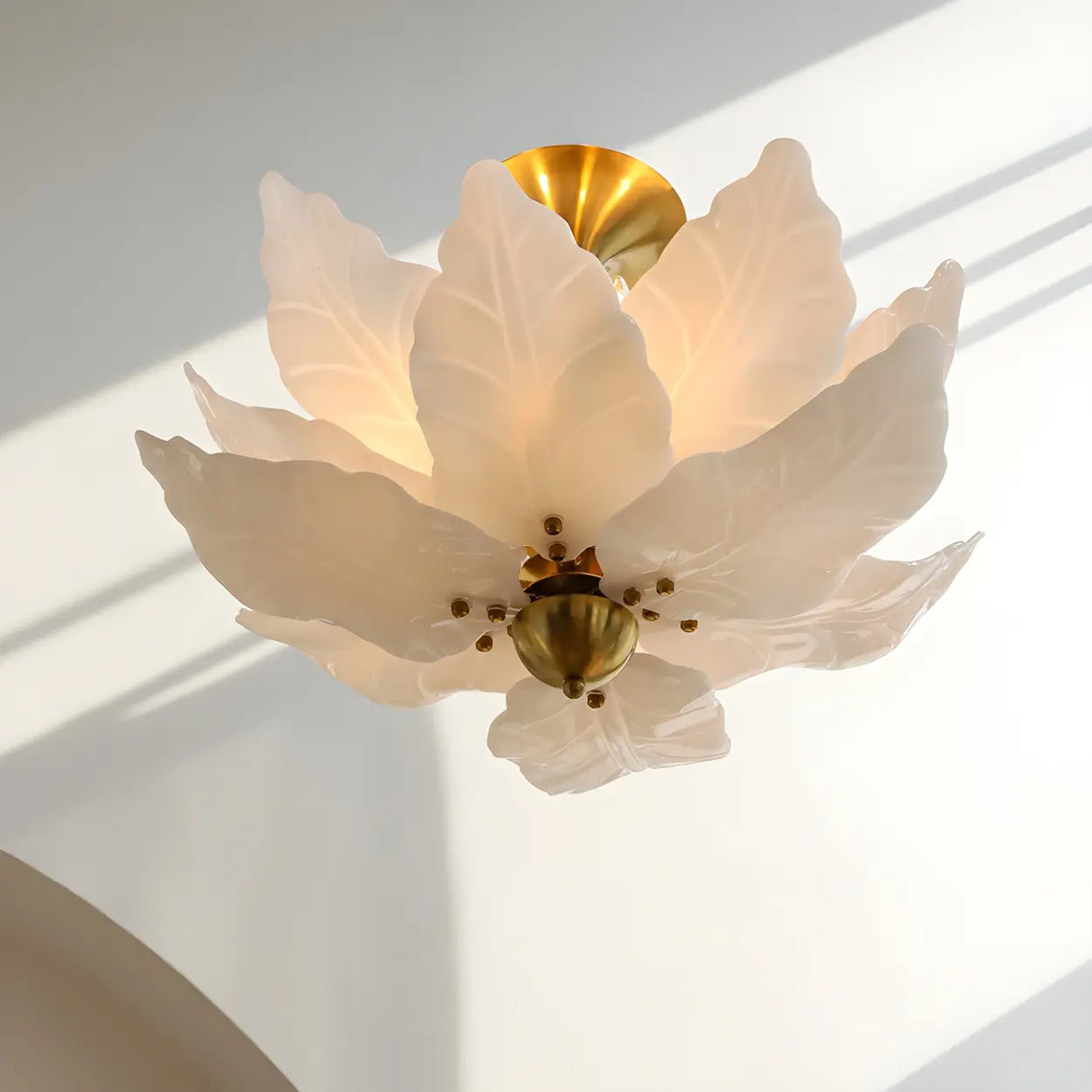 White Tiered Leaf Glass Semi-Flush Mount Ceiling Light Image - 13