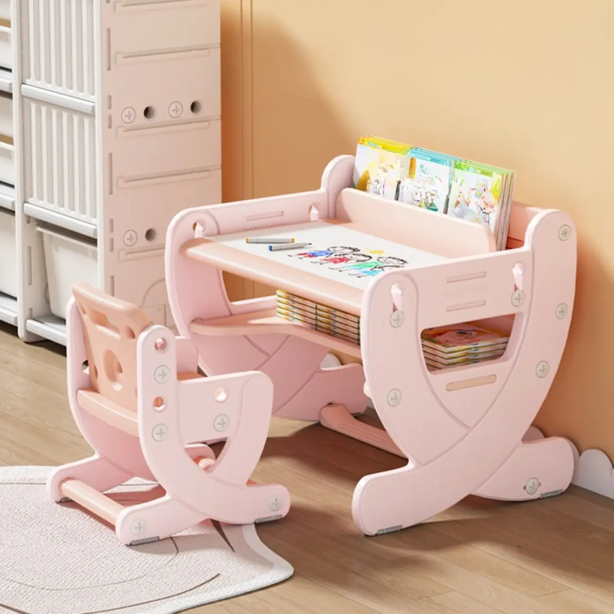 White Toddler Arts Desk Chair 2 Piece Set with Storage Image - 2