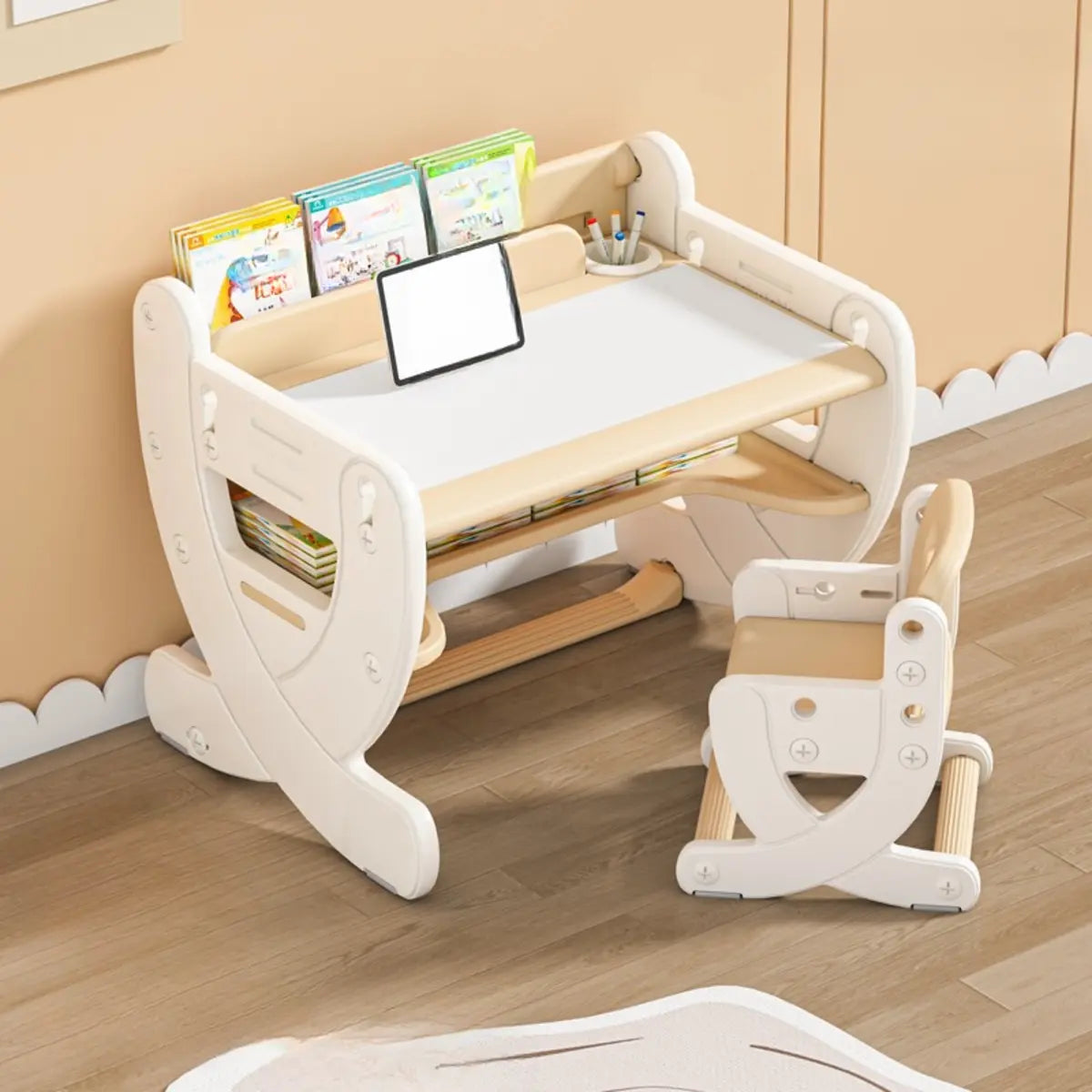 White Toddler Arts Desk Chair 2 Piece Set with Storage Image - 5