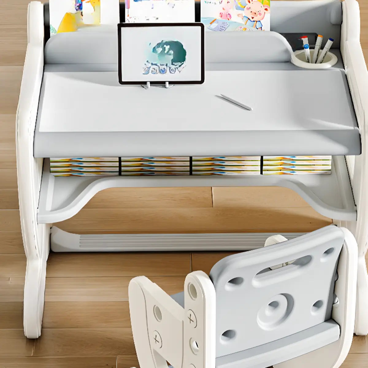 White Toddler Arts Desk Chair 2 Piece Set with Storage Image - 8