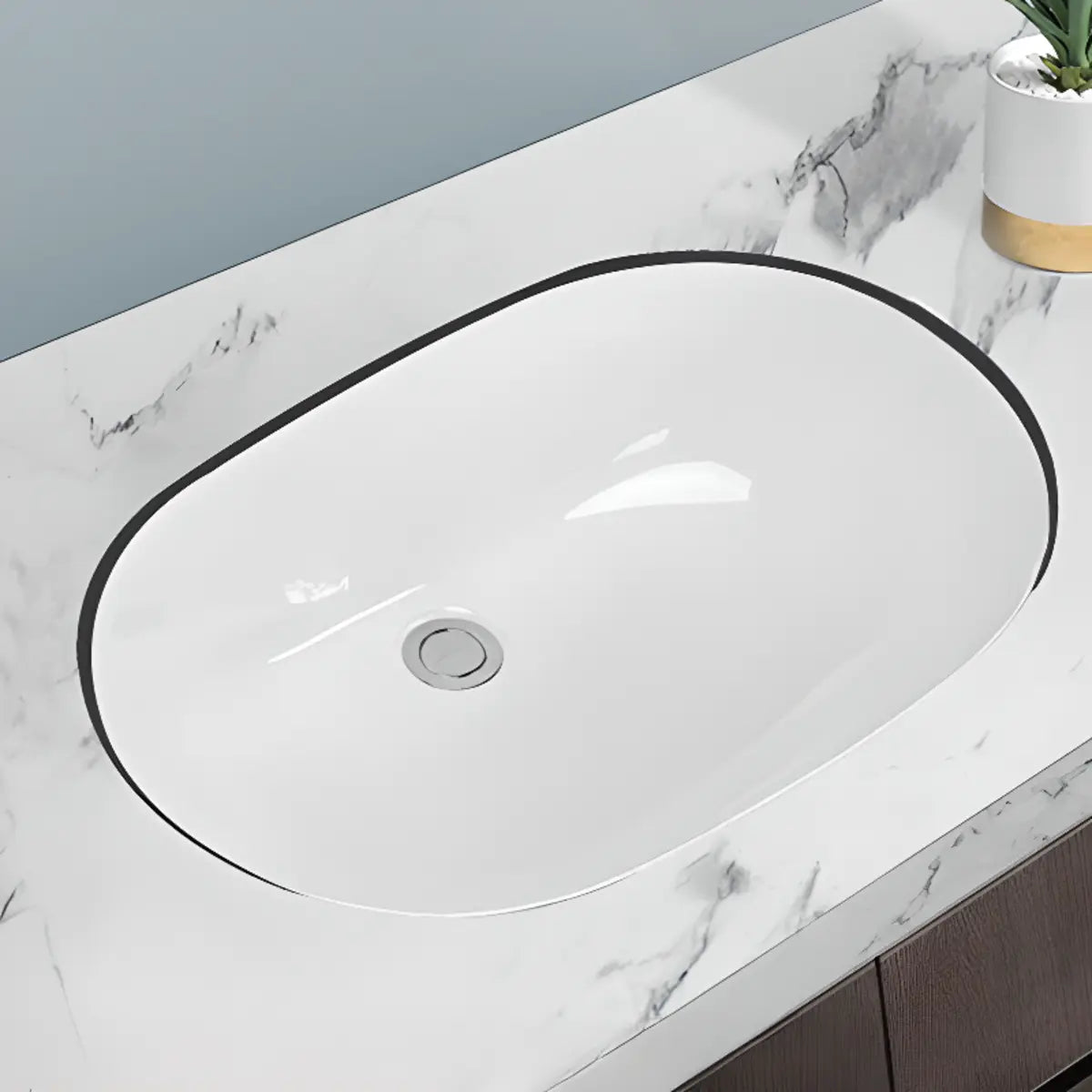 White Undermount Oval Ceramic Sink with Overflow Hole Image - 2