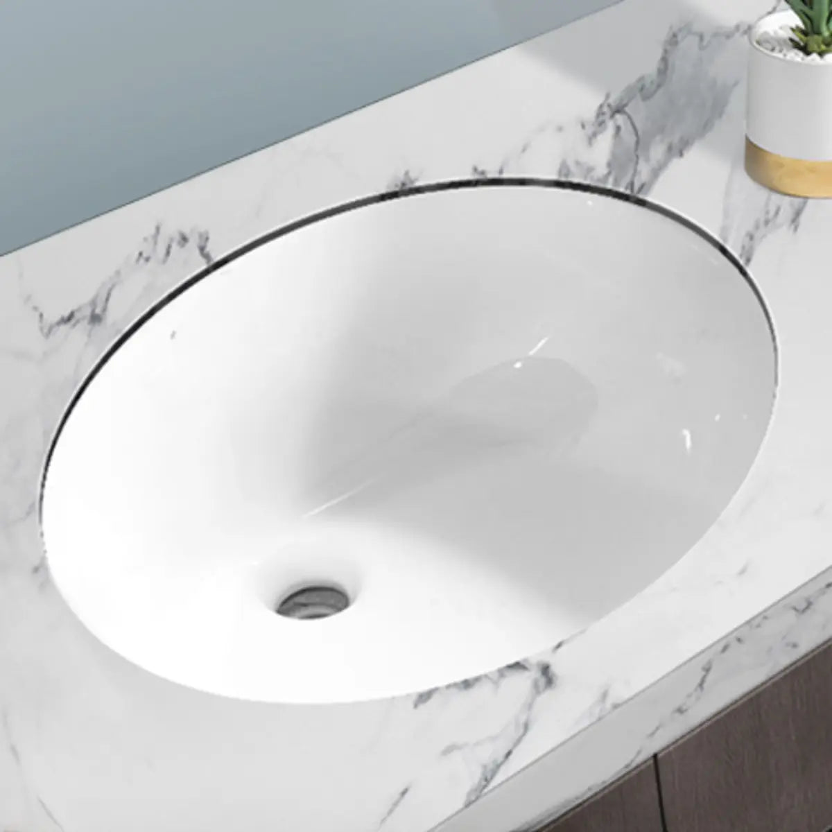 White Undermount Oval Ceramic Sink with Overflow Hole Image - 5