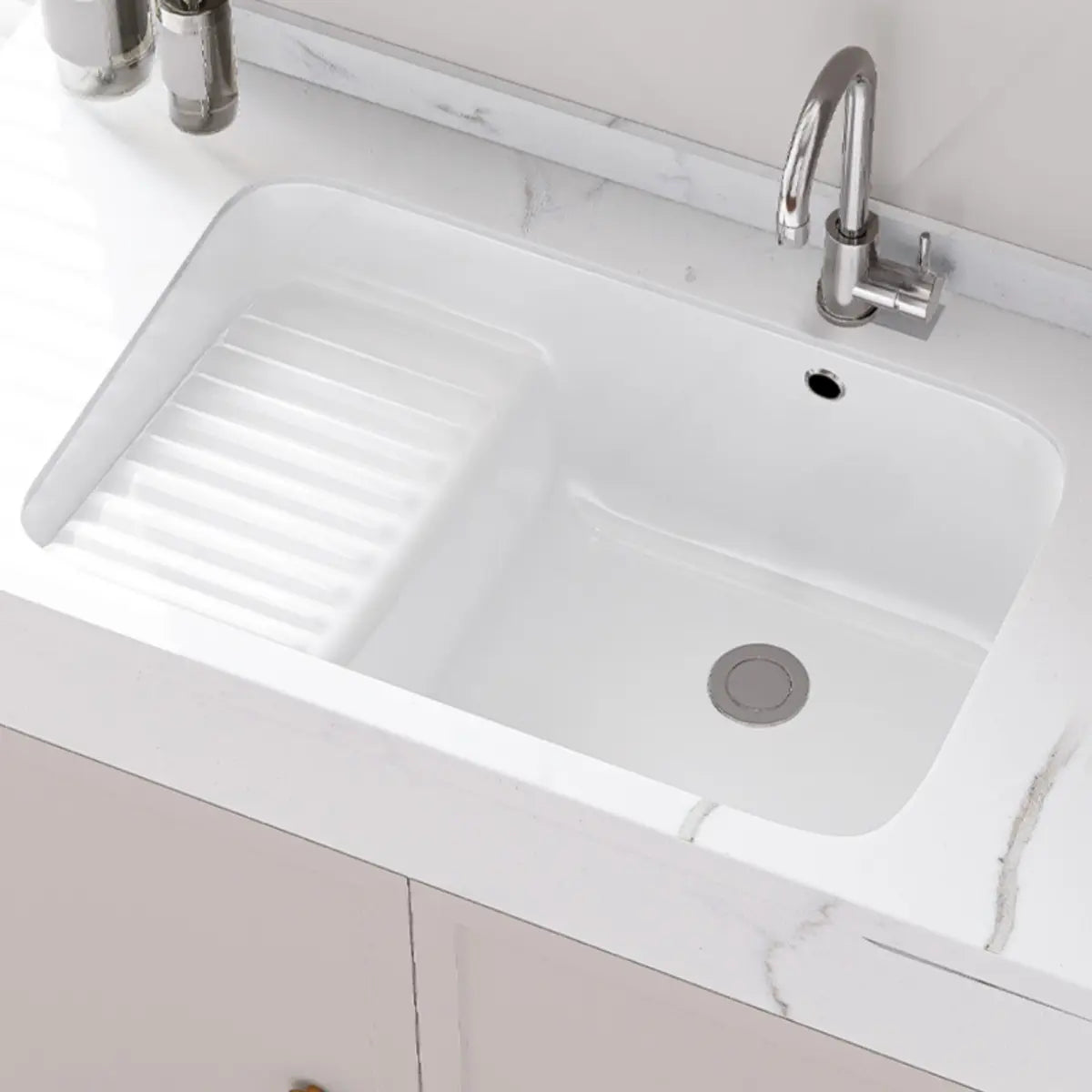 White Undermount Rectangle Ceramic Bathroom Sink Image - 8