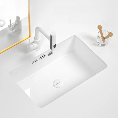 White Undermount Rectangle Vitreous China Bathroom Sink Image - 1