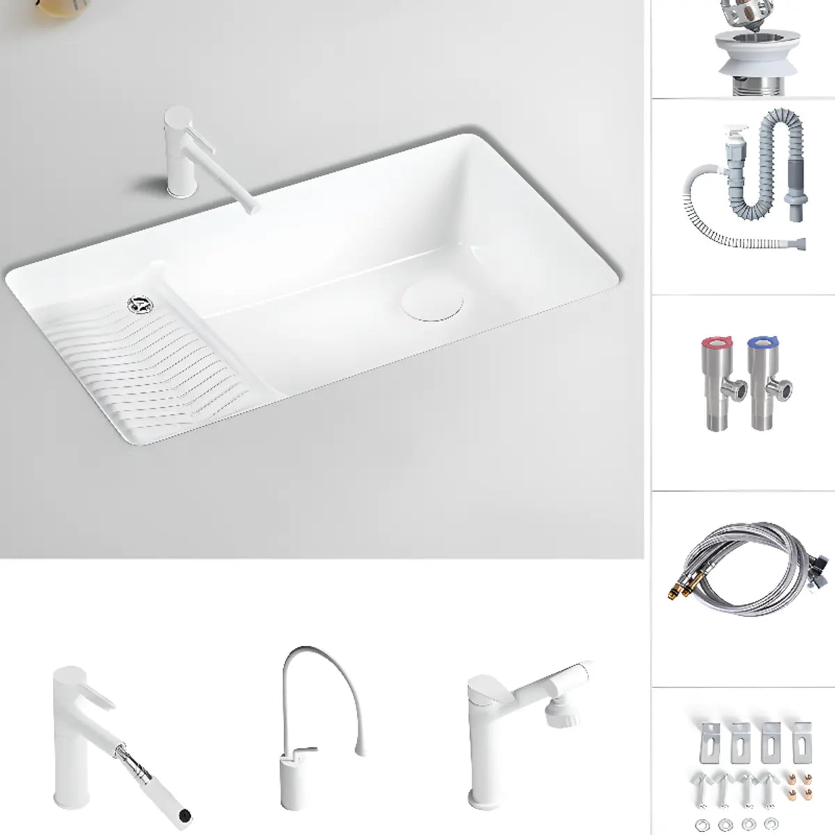 White Undermount Rectangular Ceramic Right Trapway Sink Image - 16