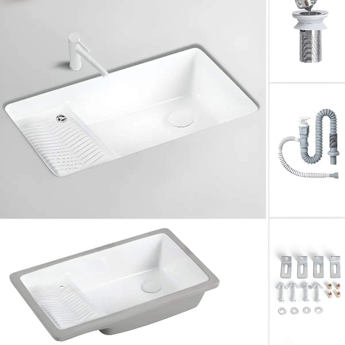 White Undermount Rectangular Ceramic Right Trapway Sink Image - 7