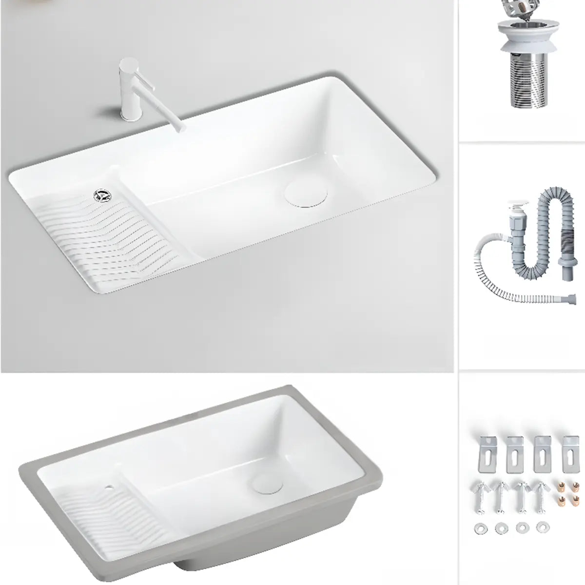 White Undermount Rectangular Ceramic Right Trapway Sink Image - 9