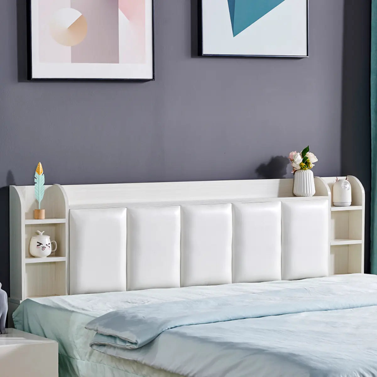 White Upholstered Full Panel Headboard with Shelves Image - 1