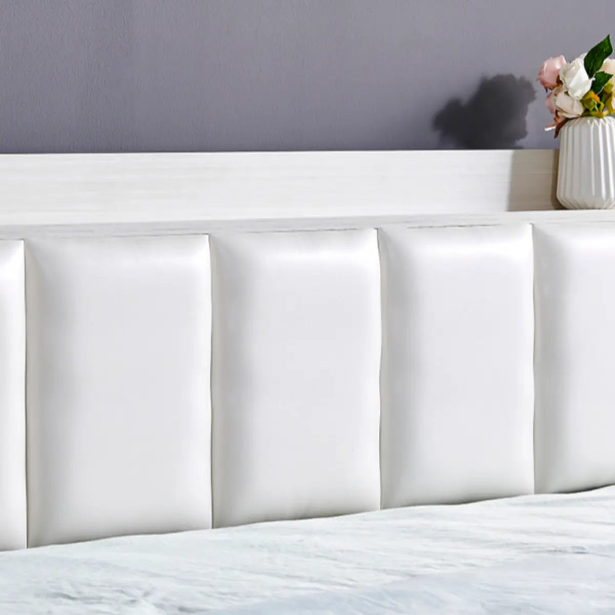 White Upholstered Full Panel Headboard with Shelves Image - 5